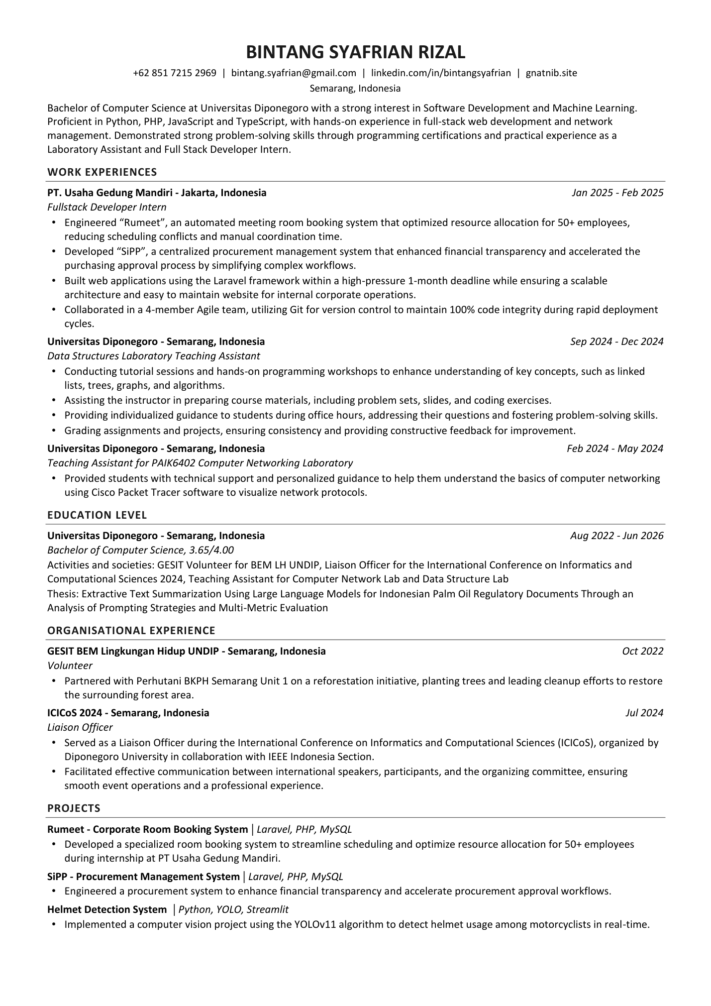 First page of Bintang Syafrian Rizal's CV
